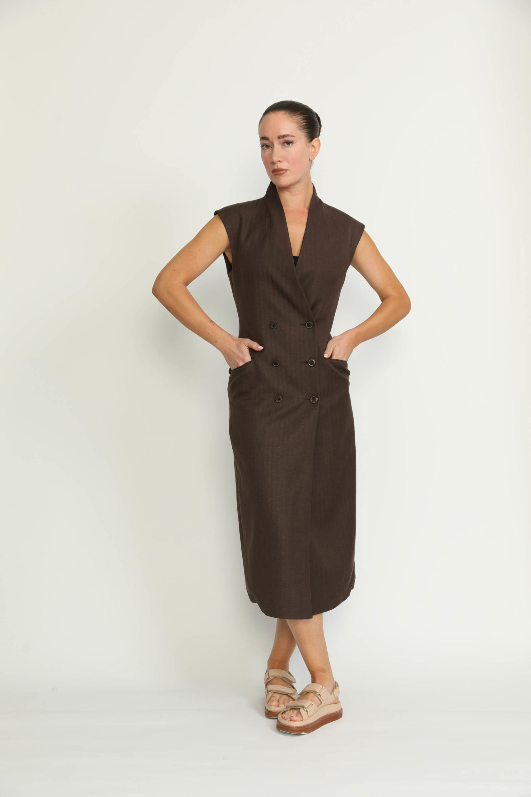 Lausanne Dress – Lausanne Tailored Brown Herringbone Midi Dress