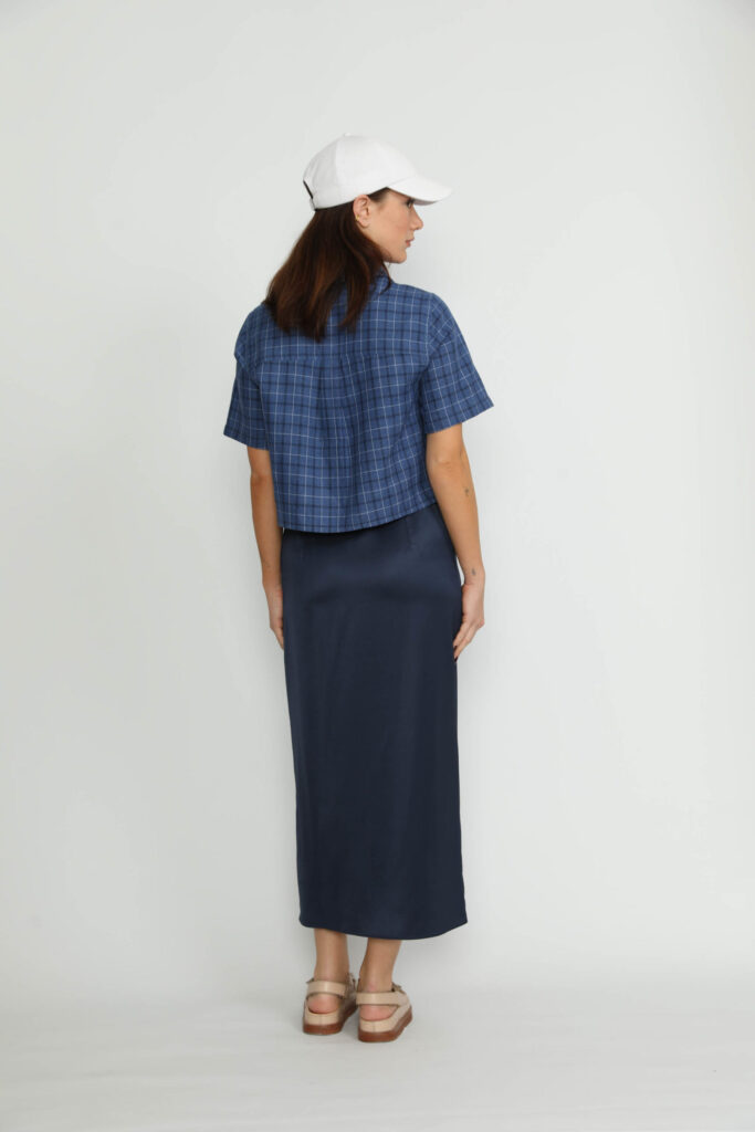 Littau Skirt – Littau Navy Satin Pinstripe Wrap Midi Skirt22016