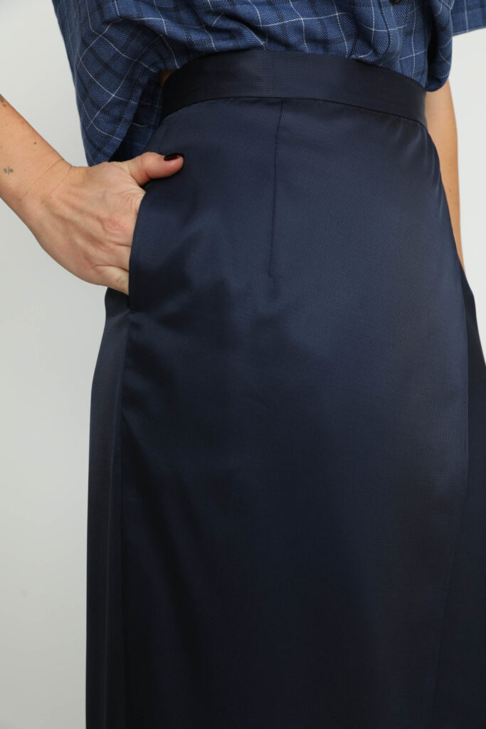 Littau Skirt – Littau Navy Satin Pinstripe Wrap Midi Skirt22017