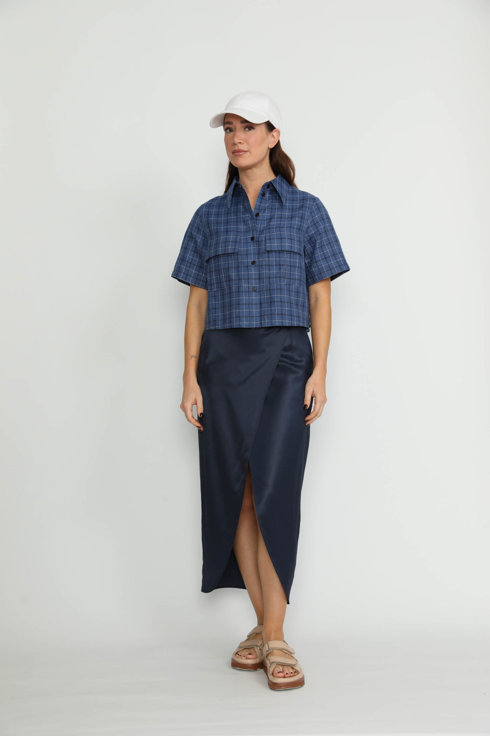 Littau Skirt – Littau Navy Satin Pinstripe Wrap Midi Skirt0