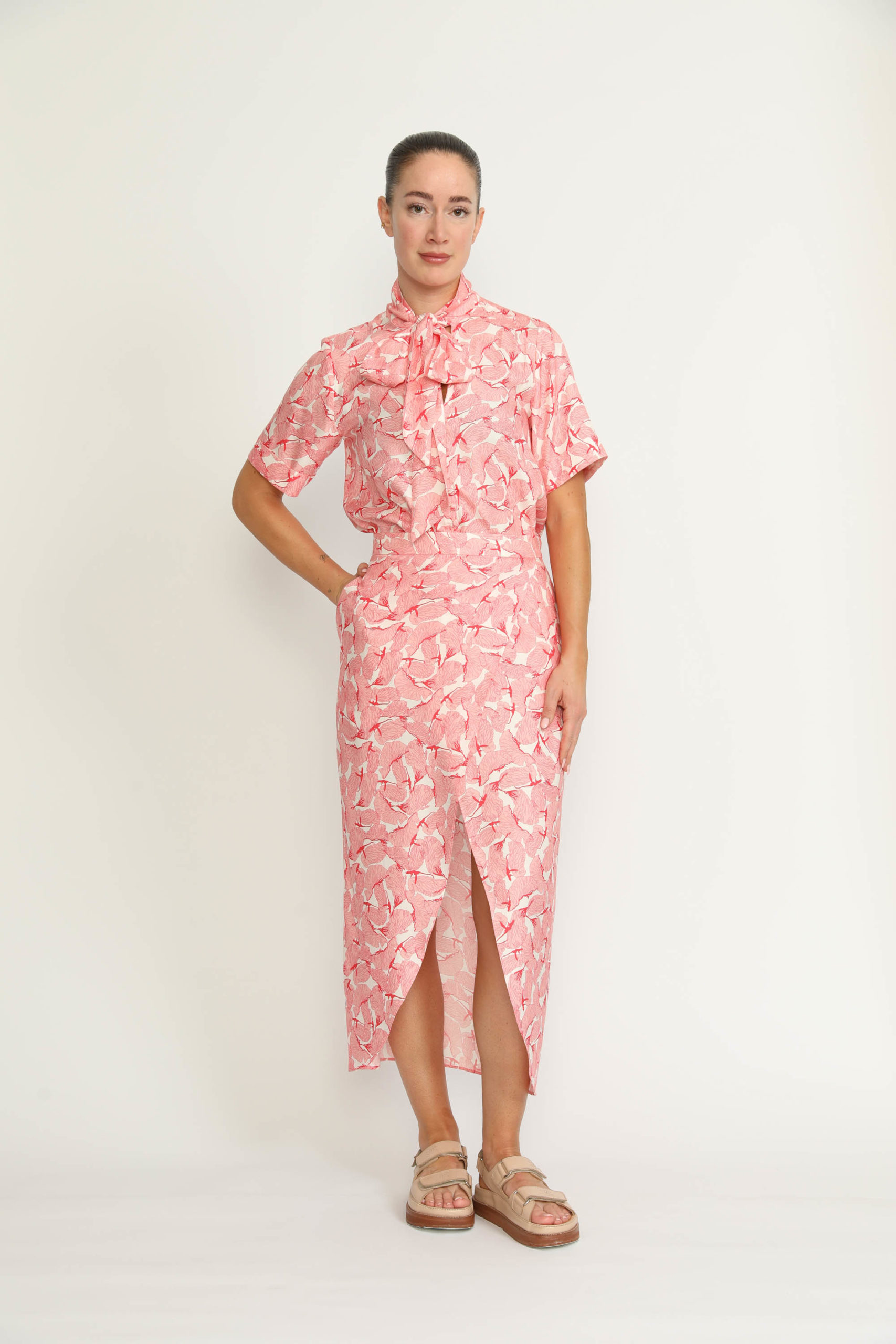 Littau Skirt – Littau Pink Petal Print Wrap Midi Skirt0