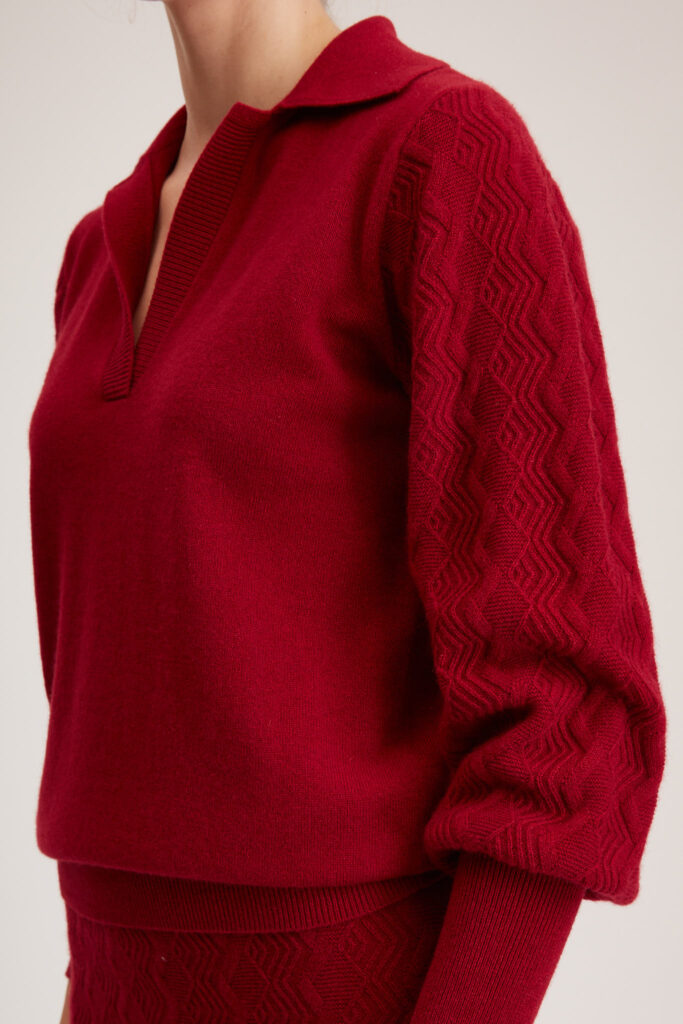 York Knit Top – Open Polo neck loose fit knit sweater in red wine24983