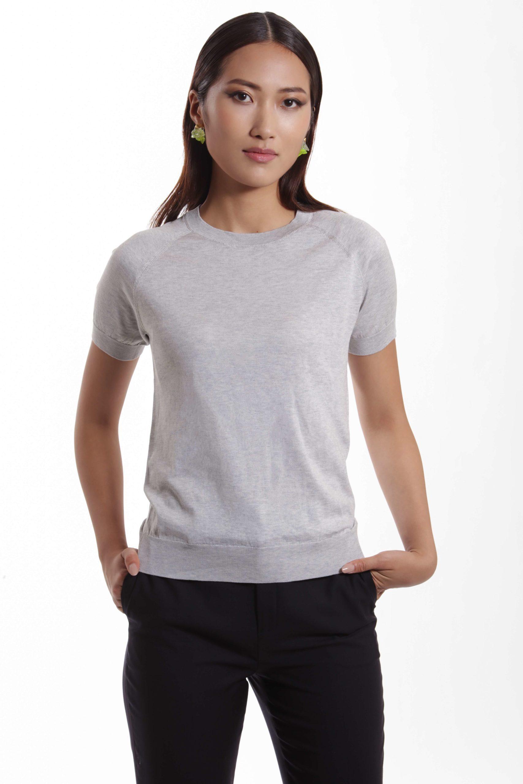 Lourdes – Short sleeve cotton-silk t-shirt in grey0