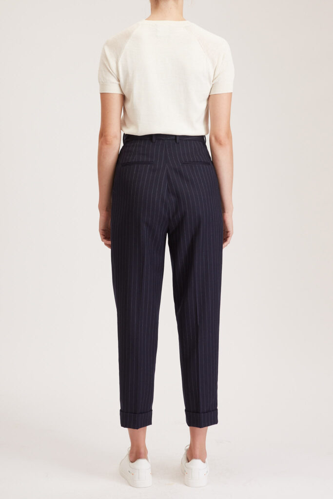 Southampton Trouser – High waisted, pleated trousers in navy pinstripe24885