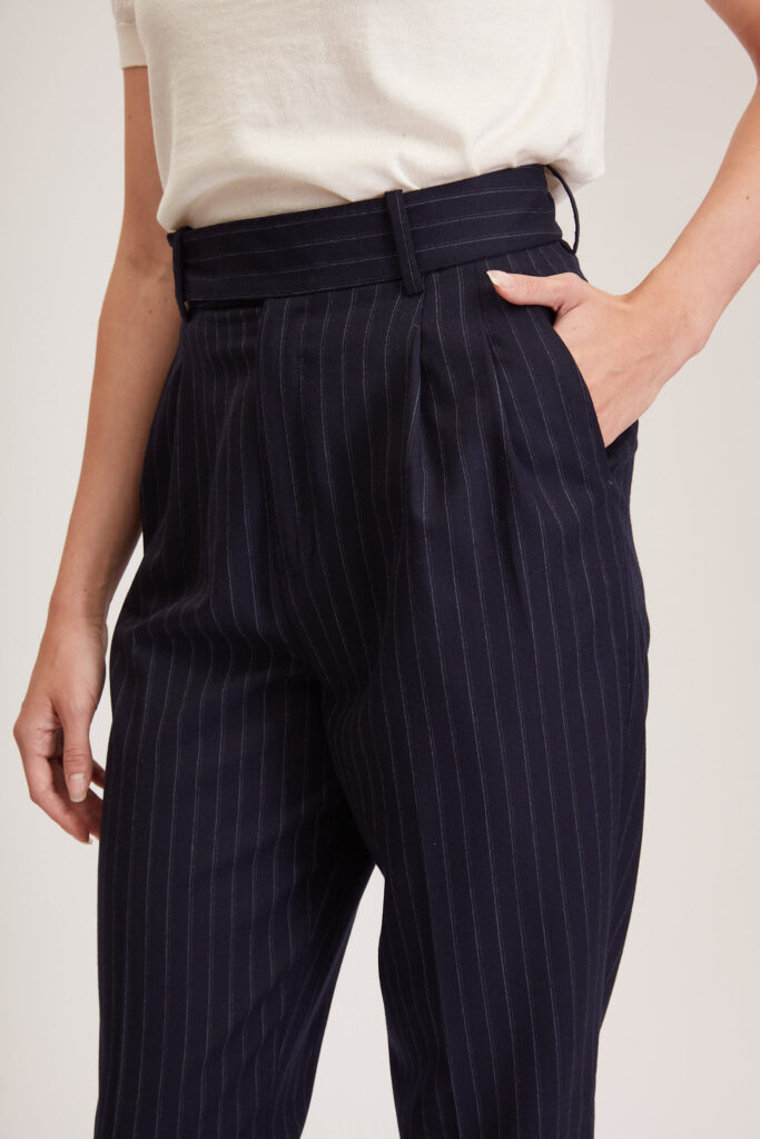 Southampton Trouser – High waisted, pleated trousers in navy pinstripe24884