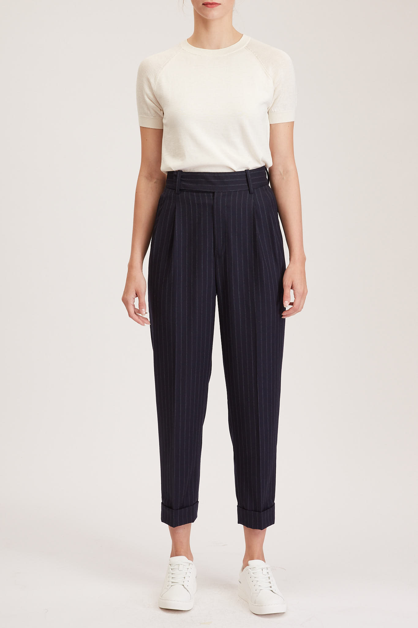 Southampton Trouser – High waisted, pleated trousers in navy pinstripe