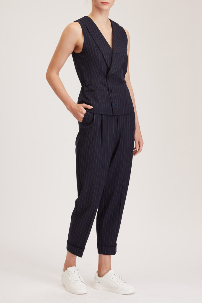 Southampton Trouser – High waisted, pleated trousers in navy pinstripe24883